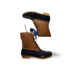 JBU Maplewood Waterproof Duck Boots Women 10M Navy Tan Lace Up Rain Boot NIB